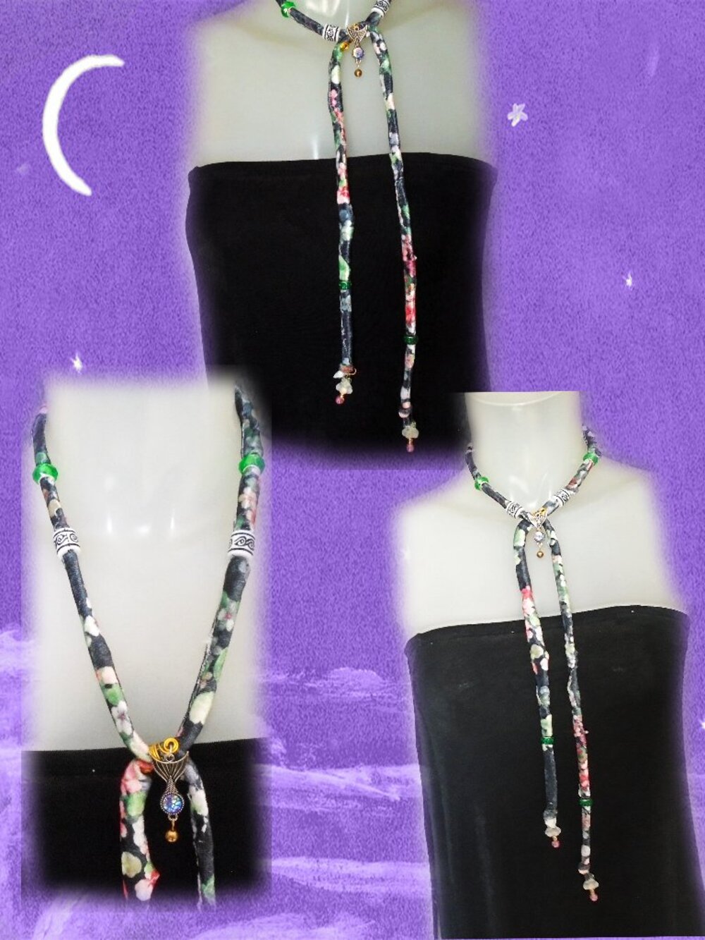 Long Necklace Adjustable Versatile, OOAK Made with Fabric